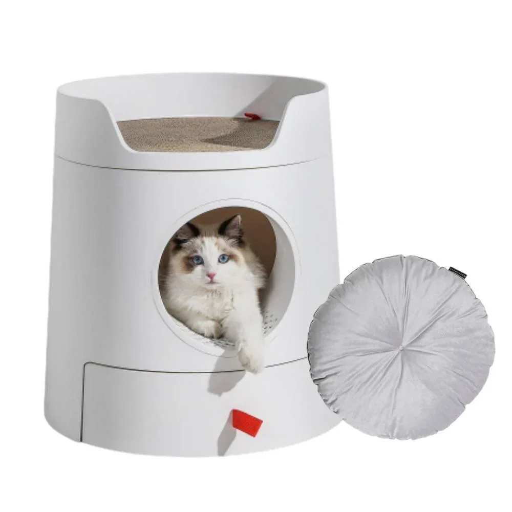Michu XL Castle 2-in-1 Semi- Closed Cat Litter Box with Scratch Pad in White - Image 14