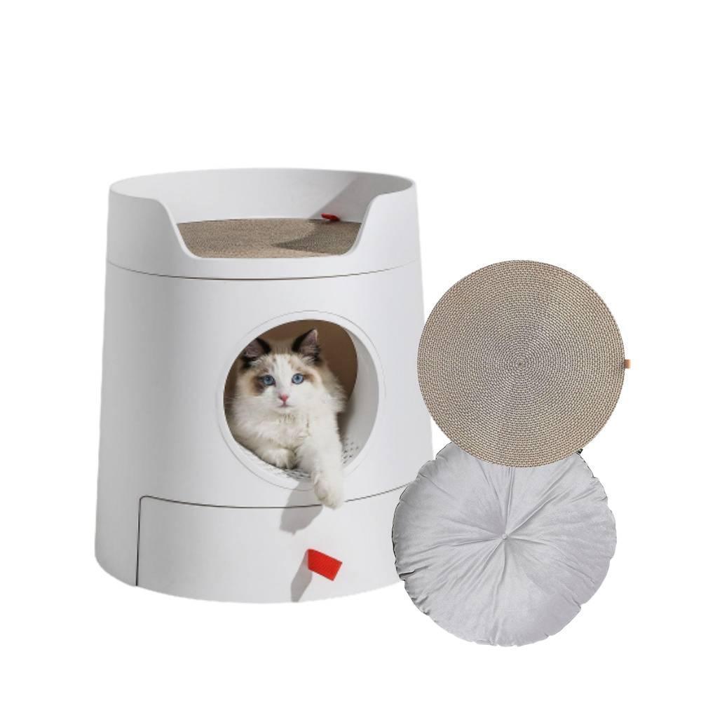 Michu XL Castle 2-in-1 Semi- Closed Cat Litter Box with Scratch Pad in White - Image 15