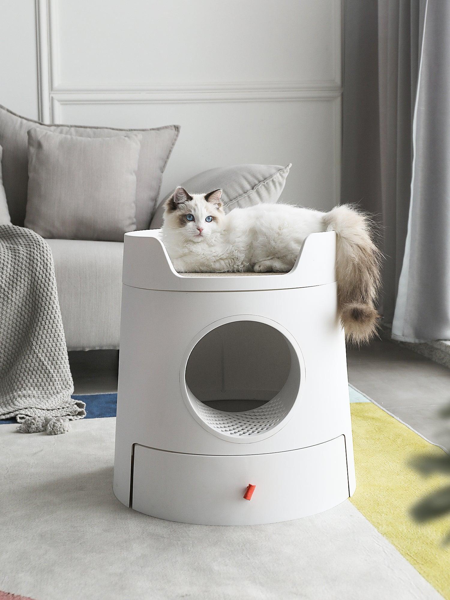 Michu XL Castle 2-in-1 Semi- Closed Cat Litter Box with Scratch Pad in White - Image 4